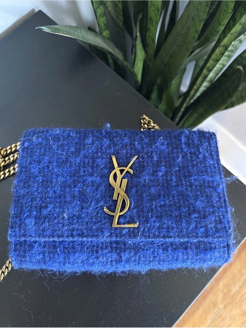 Saint Laurent Blue Wool Monogram Chain Crossbody